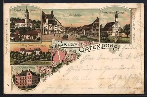 Lithographie Ortenburg, Schloss Ortenburg, Katholische Kirche, Marktplatz