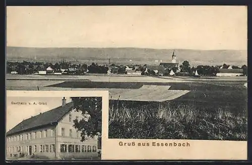 AK Essenbach, Gasthaus von A. Groll, Blick über Felder auf die Ortschaft