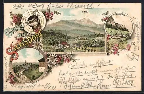 Lithographie Siegsdorf, Hochfelln, Brünnling-Alm und Maria-Eck