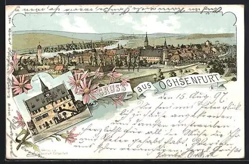 Lithographie Ochsenfurt / Main, Rathaus und Totalansicht