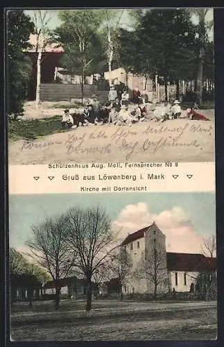 AK Löwenberg i. Mark, Gasthaus Schützenhaus von August Moll, Kirche mit Dorfansicht