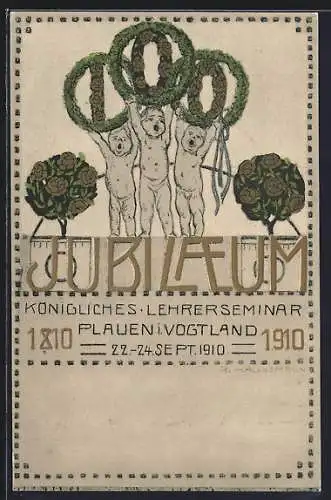 AK Plauen i. Vogtland, Jubiläum des königl. Lehrer-Seminars 1910, Kinder mit Kränzen