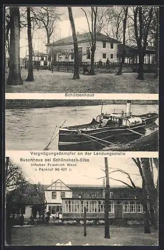 AK Schönebeck /Elbe, Gasthaus Buschhaus, Inh. Friedrich Wahl, Schützenhaus und Dampfer