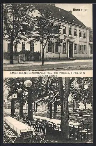 AK Burg b. M., Gasthof Schützenhaus, Bes. Otto Peterse, Konzert-Garten