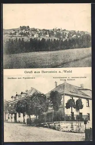 AK Bernstein a. Wald, Gasthaus zum Frankenwald, Kolonialwarengeschäft Georg Schmidt, Totalansicht