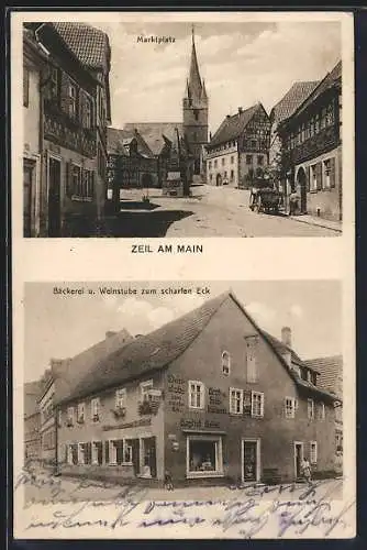 AK Zeil, Bäckerei & Weinstube zum scharfen Eck, Marktplatz