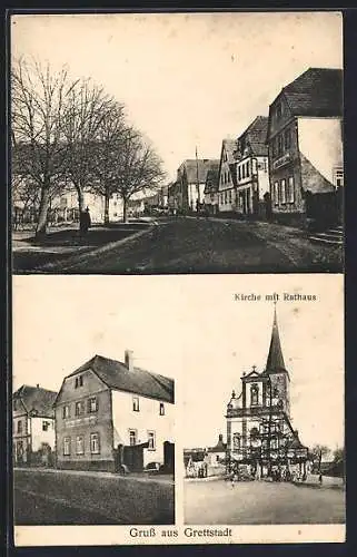 AK Grettstadt, Gasthaus von Fr. Winter, Kirche mit Rathaus, Strassenpartie