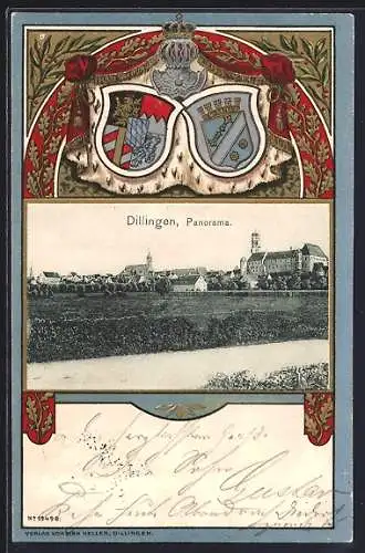 Passepartout-Lithographie Dillingen / Bayern, Panorama mit Wappen