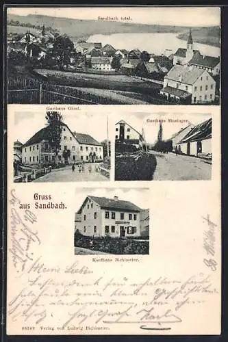 AK Sandbach / Donau, Gasthaus Gässl, Gasthaus Sinzinger, Kaufhaus Bichlmeier und Totalansicht