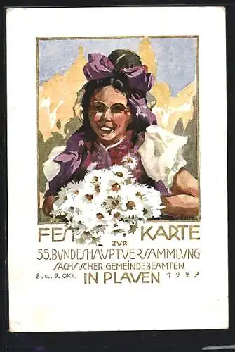 Künstler-AK Plauen / Vogtland, 55. Bundeshauptversammlung sächsischer Gemeindebeamten 1927, Dame mit Blumenstrauss