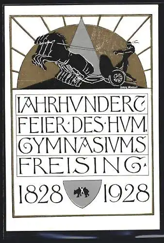 AK Freising, Jahrhundertfeier des Hum. Gymnasiums 1928, Pferdewagen vor Sonnenaufgang