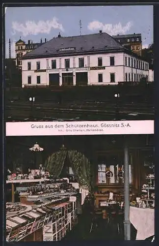 AK Gössnitz /S.-A., Gaststätte Schützenhaus O. Oberlein, Ansicht mit Bahnschienen, Innenansicht