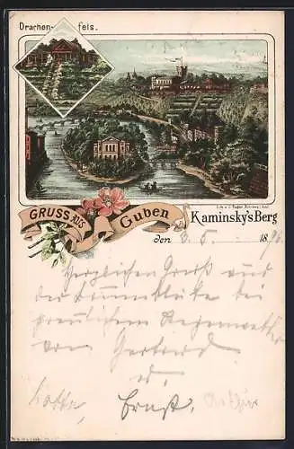 Lithographie Guben, Gasthaus Kaminskys Berg mit Insel, Drachenfels