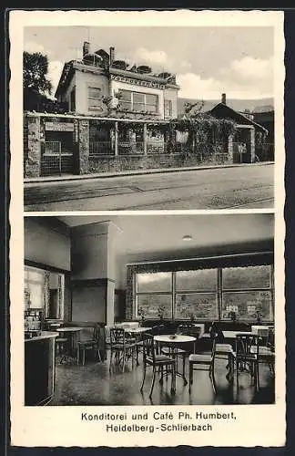 AK Heidelberg-Schlierbach, Konditorei-Cafe Ph. Humbert mit Strasse, Innenansicht