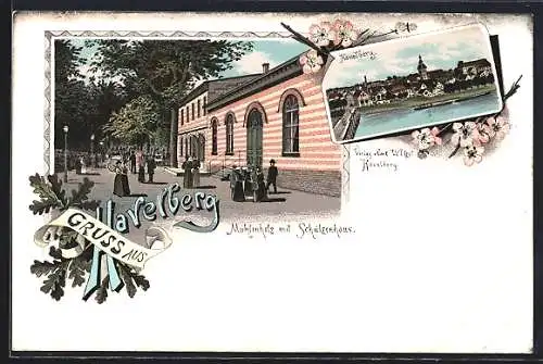 Lithographie Havelberg, Mühlenholz mit Gaststätte Schützenhaus, Ortsansicht mit Brücke