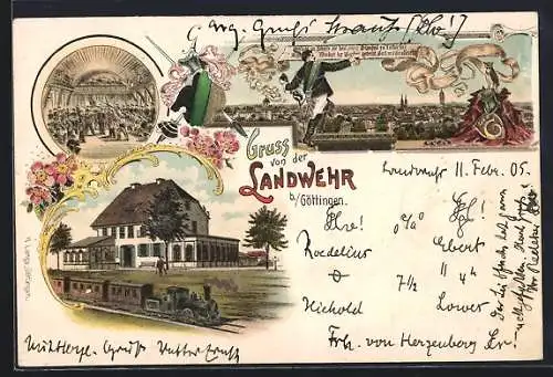 Lithographie Göttingen, Landwehr, Gebäude mit Eisenbahn, Landwehr-Soldat vor Stadtansicht, Mensur im Saal, Wappen