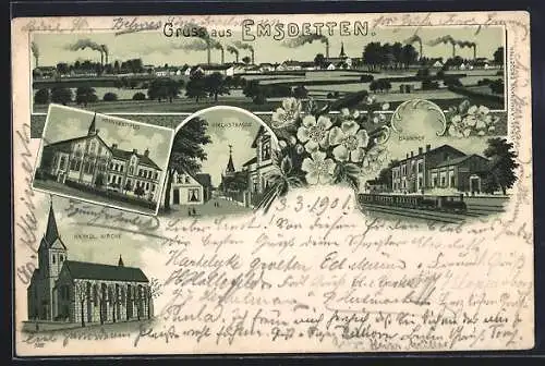 Lithographie Emsdetten, Bahnhof, Krankenhaus, Kirchstrasse, Stadtpanorama