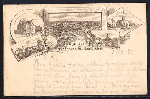 Lithographie Hünshoven-Geilenkirchen, Gaststätte Schützenhof, Kloster, Ortsansicht