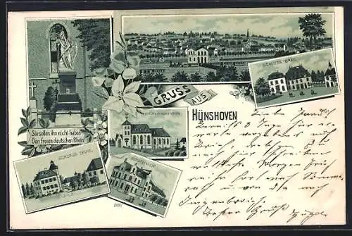 Lithographie Hünshoven, Gasthaus Schützenhof, Schloss Trips, Nikolaus Becker-Denkmal