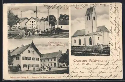 AK Putzbrunn, Gasthaus von Florian Liebhard, Dorfplatz, KIrche