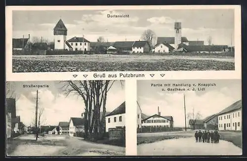 AK Putzbrunn, Ortspartie mit Handlung v. Knappiuch u. Gasthaus J. Lidl, Strassenpartie, Ortsansicht