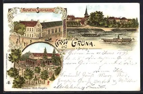 Lithographie Gröna, Gasthaus zum Schlehdorn, Ortsansicht