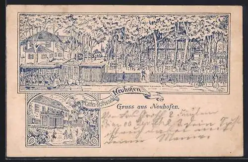 Lithographie Neuhofen, Garten-Restaurant Neuhofen, Vorderansicht, Panorama mit Garten