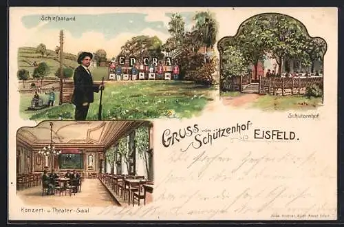 Lithographie Eisfeld, Gaststätte Schützenhof, Garten, Schiessstand und Saal