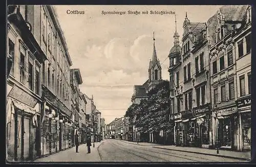 AK Cottbus, Spremberger Strasse mit Schlosskirche