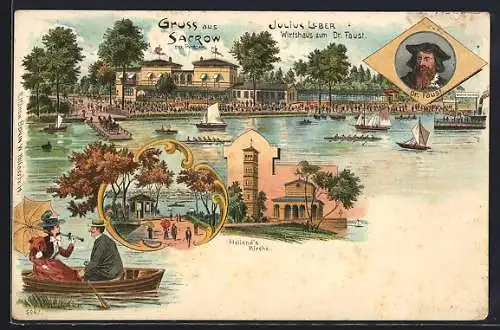 Lithographie Sacrow /Potsdam, Gasthaus zum Dr. Faust J. Leber vom Wasser aus, Strandpavillon, Bootspartie, Dr. Faust