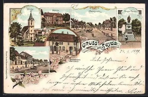 Lithographie Seyda, Strassenpartie, Geschäftshaus Max Lüdecke, Schule, Marktplatz