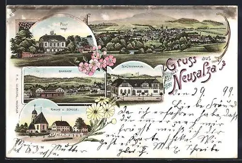 Lithographie Neusalza i. S., Gasthaus Schützenhaus, Bahnhof mit einfahrender Dampflok, Kirche mit Schule