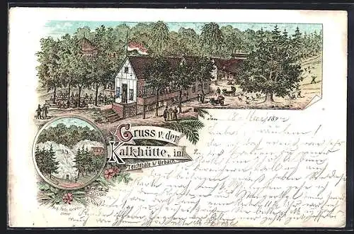 Lithographie Urbach / Südharz, Teichthal, Gaststätte Kalkhütte mit Strasse u. Garten, Kalkhütte