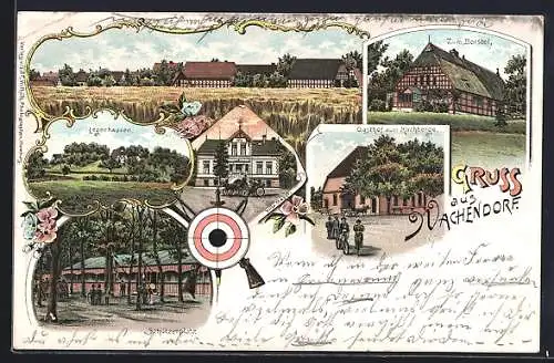 Lithographie Wachendorf / Syke, Gasthof zum Kirchberge, Schützenplatz, Villa Meyer, Zum Borstel