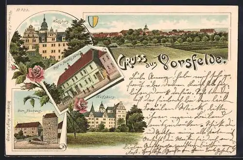 Lithographie Vorsfelde, Post und Nackes Hotel, Wolfsburg, Ortsansicht, Wappen