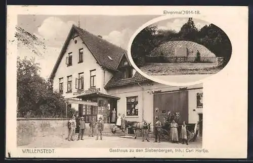 AK Wallenstedt, Gasthaus zu den Siebenbergen C. Hartje mit kl. Versammlung, Ehrenmal 1914-18