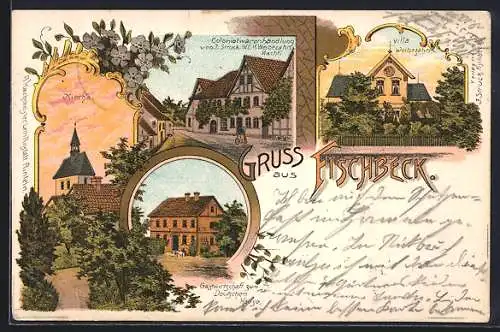 Lithographie Fischbeck / Weser, Gasthaus zum Deutschen Hause, Villa Weibezahn, Colonialwaren J. Struck