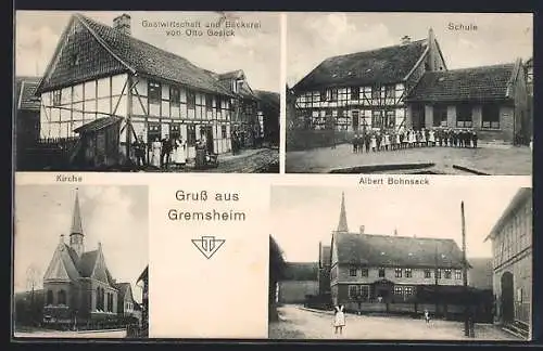 AK Gremsheim, Gasthaus-Bäckerei O. Gesick, Schule mit Schülerschaft, Haus A. Bohnsack