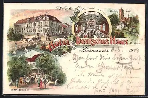 Lithographie Kreiensen, Hotel Deutsches Haus mit Saal u. Garten-Restaurant, Alte Burgruine