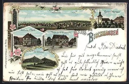 Lithographie Bischhausen / Göttingen, Gasthaus H. Rauch, Kaufmann E. Mussmann, Totalansicht