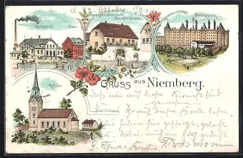 Lithographie Niemberg, Gasthof z. Niemberg, Bes. Karl Reinsch, Molkerei, Malzfabrik und Kirche