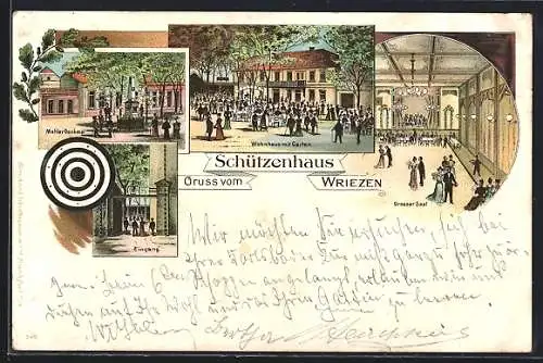 Lithographie Wriezen, Schützenhaus, Grosser Saal, Wohnhaus mit Garten, Zielscheibe