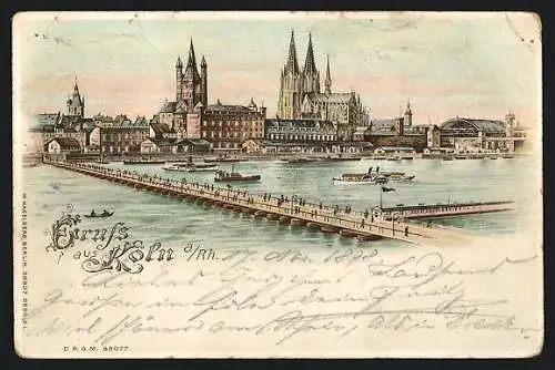 Lithographie Köln a. Rh., Rheinpartie mit Dom, Leuchtende Fenster bei Halt gegen das Licht