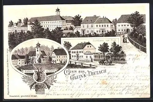 Lithographie Gleink-Dietach, Blick auf Gasthaus zur Post und Kirche in Dietach