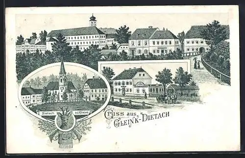 Lithographie Gleink-Dietach, Die Kirche, Gasthaus, Ortsansicht