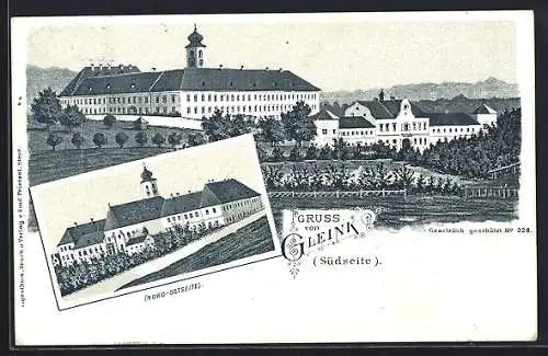 Lithographie Steyr, Gruss von Gleink, Kloster von der Nord-Ostseite betrachtet