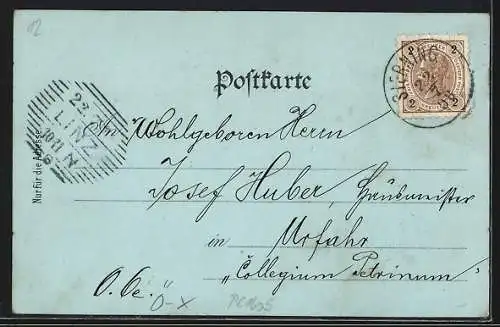 Mondschein-Lithographie Sierning b. Steyr, Kaiser Franz Josef-Volksschule, Kirchenplatz, Forsthof, Ortsansicht