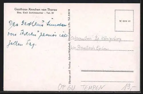 AK Tempen, Gasthaus Ännchen von Tharau v. Emil Schirmacher, Ordenskirche, Ännchenlinde