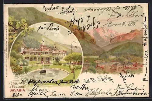 Lithographie Interlaken, Hotel u. Pension Bavaria, Ortsansicht