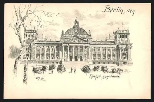 Lithographie Berlin-Tiergarten, Fassade des Reichstagsgebäude
